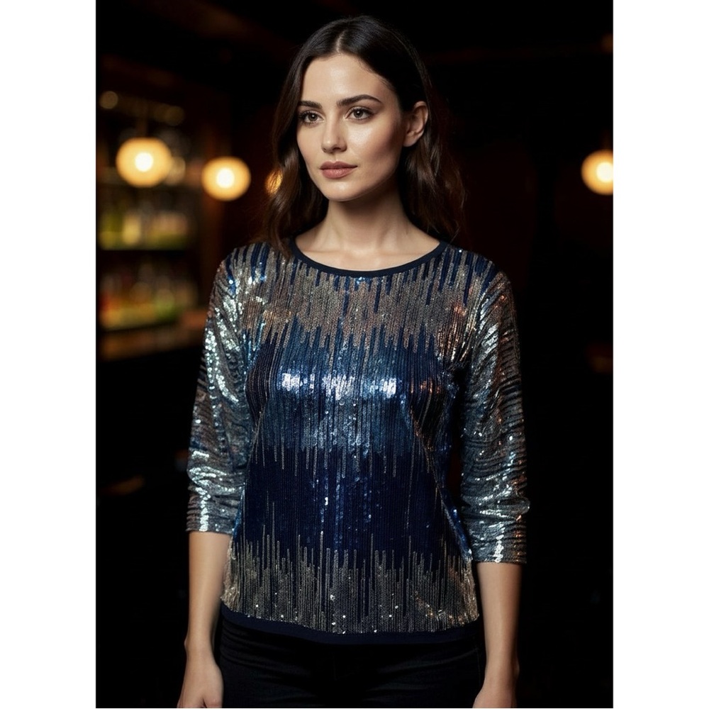 Elegant Blue and Silver Sequin Blouse